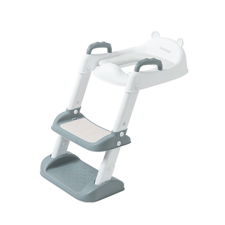 WC-ülés szűkítő létrával, NAXSIR, 2 fokozatú, állítható magasságú, összecsukható, hordozható, csúszásgátló, fröccsenésgátló, puha párna, támasztó fogantyúk, szürke, fehér