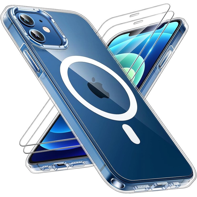 Husa pentru iPhone 12 Pro, rezistenta la ingalbenire, grip confortabil, transparenta, 6.1 inch, set cu 2 folii de sticla temperata