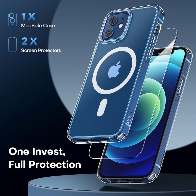 Husa pentru iPhone 12 Pro, rezistenta la ingalbenire, grip confortabil, transparenta, 6.1 inch, set cu 2 folii de sticla temperata