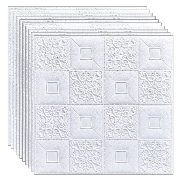 Set 10 x tapet autoadeziv 3D NEXTLY, pentru perete sau tavan, waterproof, ajustabil, adeziv puternic, usor de montat, suprafata acoperire 4.9 mp, 70x70 cm, alb, cod 73