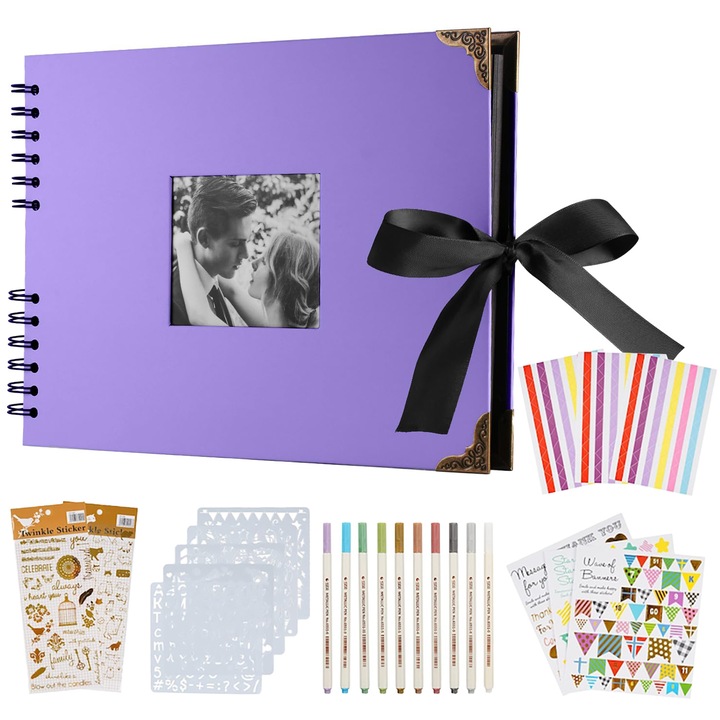 Set album foto creativ, WALALLA, Carton/Metal, Carte memorie DIY, Violet