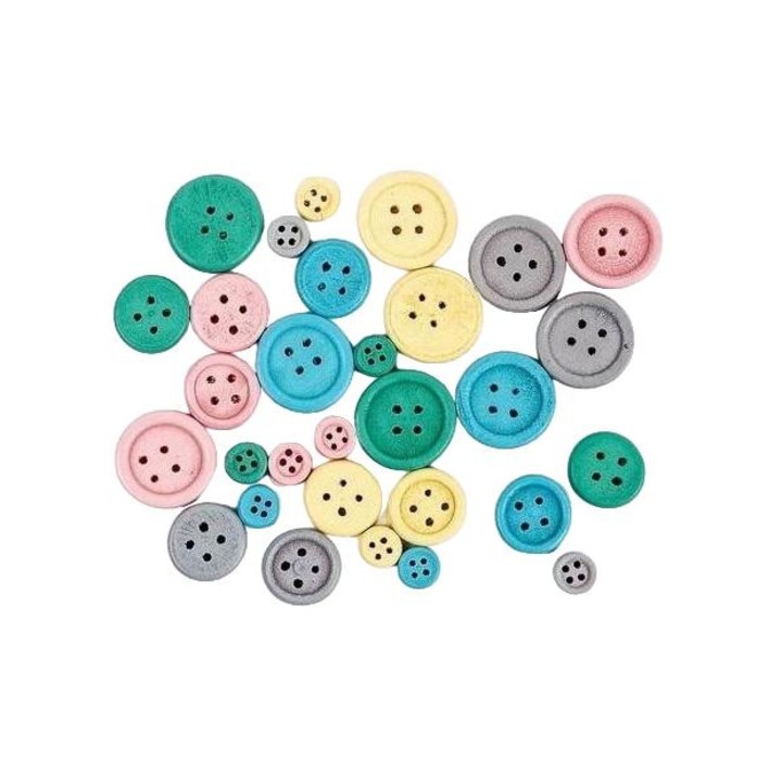 30 gombos készlet, Fandy, Fa, 1 cm / 1,5 cm / 2 cm, Többszínű