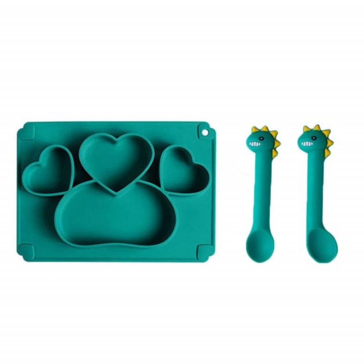 SuperBaby baba- és gyermek etetőkészlet, tálca és két kanál, szilikon, szívminta, zöld