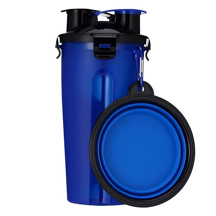 Recipient Portabil pentru Caini si Pisici, Apa si Hrana Uscata, Bol Ajustabil Incorporat, Capac cu Inchidere Ermetica, 350g, 350ml, Accesoriu pentru Calatorii, Sita Protectie Hrana Inclusa, 23 x 11cm, Albastru