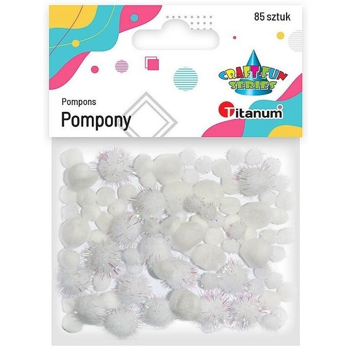 Set creativ pentru copii, Titanum, pompony acrilice si cu sclipici, alb, 85 buc, blister