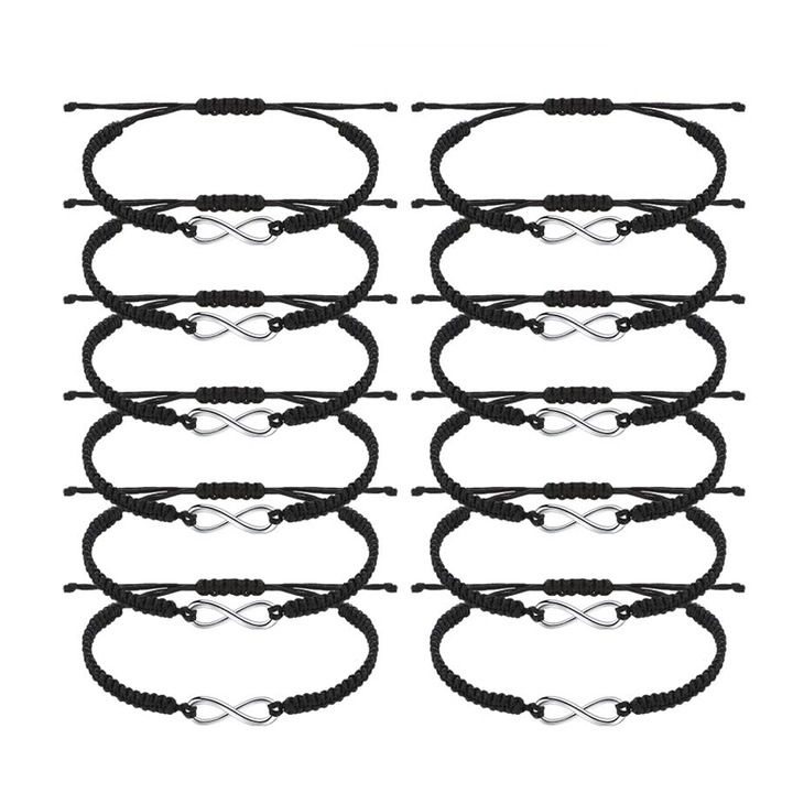 Set 24 bratari cuplu, Textil/Aliaj, Lucrate manual, Negru/Argintiu