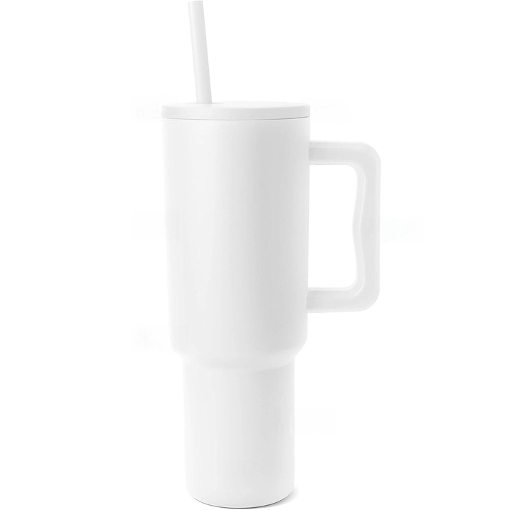 Cana Termos Elindor®, din Otel Inoxidabil, 1200 ml, Izolatie Termica cu Pereti Dubli, cu Capac si Pai Reutilizabil, Rezistenta la Scurgeri, Ideala pentru Apa, Ceai, Cafea sau Smoothie, Utilizare in Masina Suport Auto, Alb