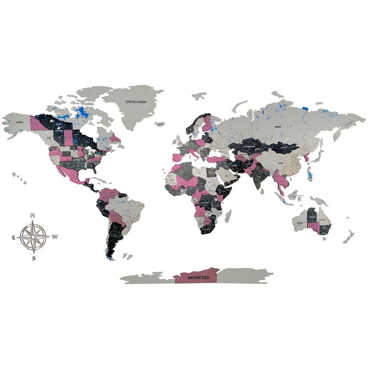 Harta lumii premium 3d din lemn, ROSE Birdywing® 250x125 cm