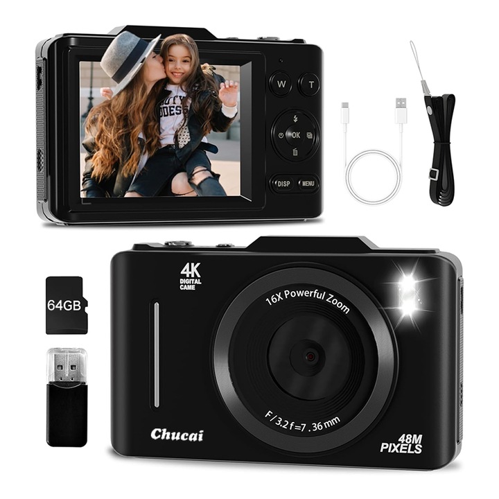 Chucai digitális fényképezőgép, 48 MP, 16x zoom, 2,8" képernyő, 64 GB, fekete, 10,4x6,6x2,4 cm