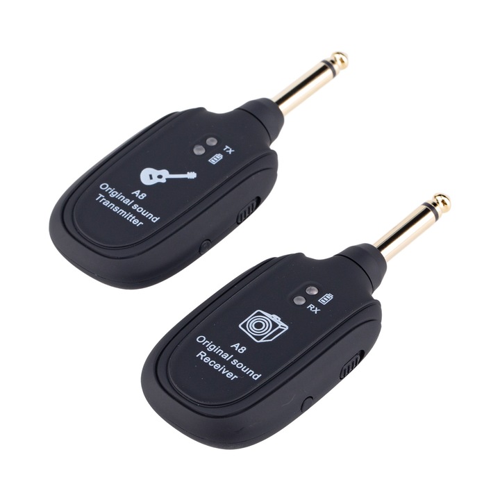 A8 vezeték nélküli gitárrendszer UHF 2 mód, újratölthető Li-Ion akkumulátor, 100 láb hatótáv, Plug and Play gitárhoz, basszusgitárhoz, hegedűhöz, billentyűzethez - fekete