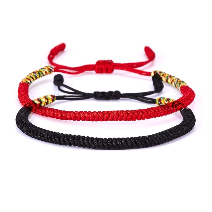 Set Bratari Tibetan Budiste, handmade, protectie si noroc, negru si rosu, ajustabile