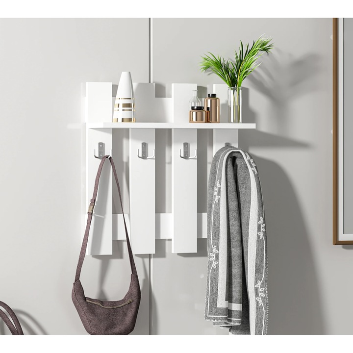 Стенна закачалка с 4 устойчиви закачалки, Pal 18 мм, бяла, рафт за съхранение на дрехи, антре, 55x55 см, Mobleto