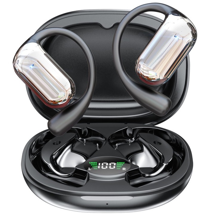 Casti Wireless sport cu conduceri osoasa, 50h autonomie, afisaj LED, alb