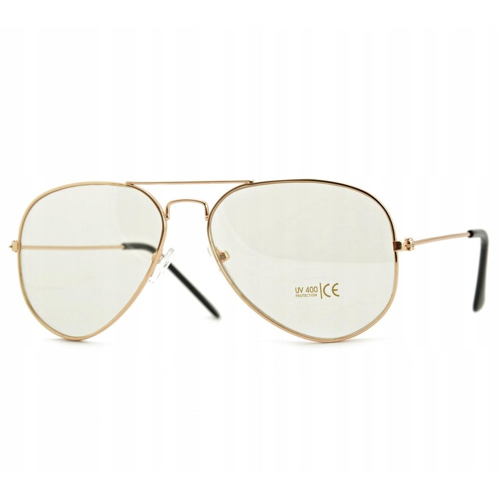 Ochelari aviator unisex Stylion, rama metalica aurie, lentile transparente, UV400, 56x15x140mm
