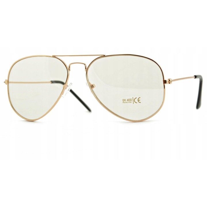 Ochelari Aviator Unisex Stylion, Rama Metalica Aurie, Lentile Transparente Clare, Protectie UV400 Totala, Fara Dioptrii, Ochelari Moda Casual Clasic Vintage, Accesoriu Trendy, Confort Maxim, Barbati Femei, Design Premium, 56x15x140mm, Stil