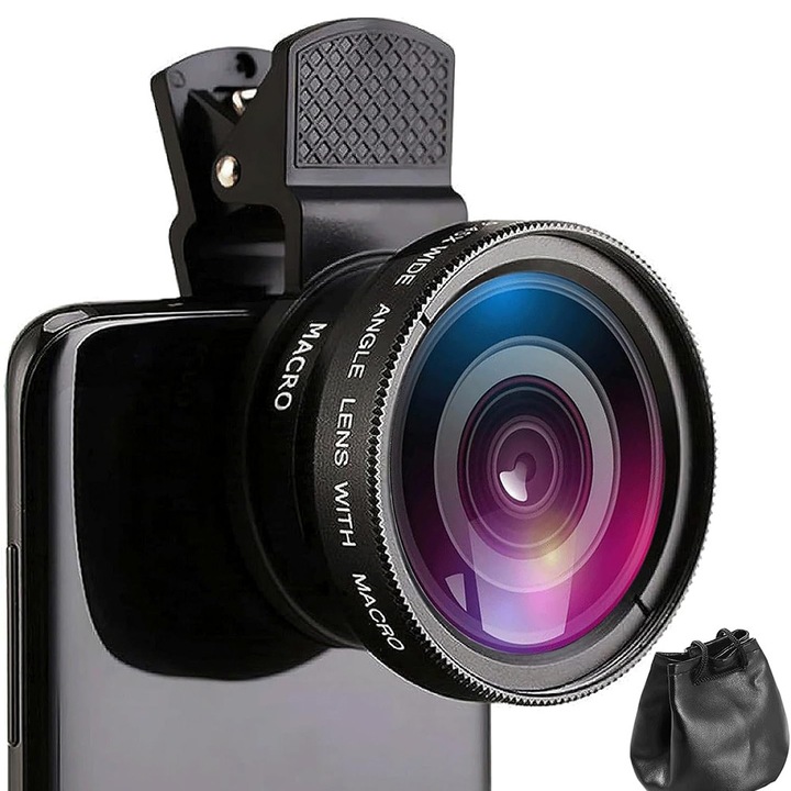 Obiectiv Camera Telefon, BOMSTOM, Super Wide 0.45X si Macro 12.5X, Negru, Clip Universal