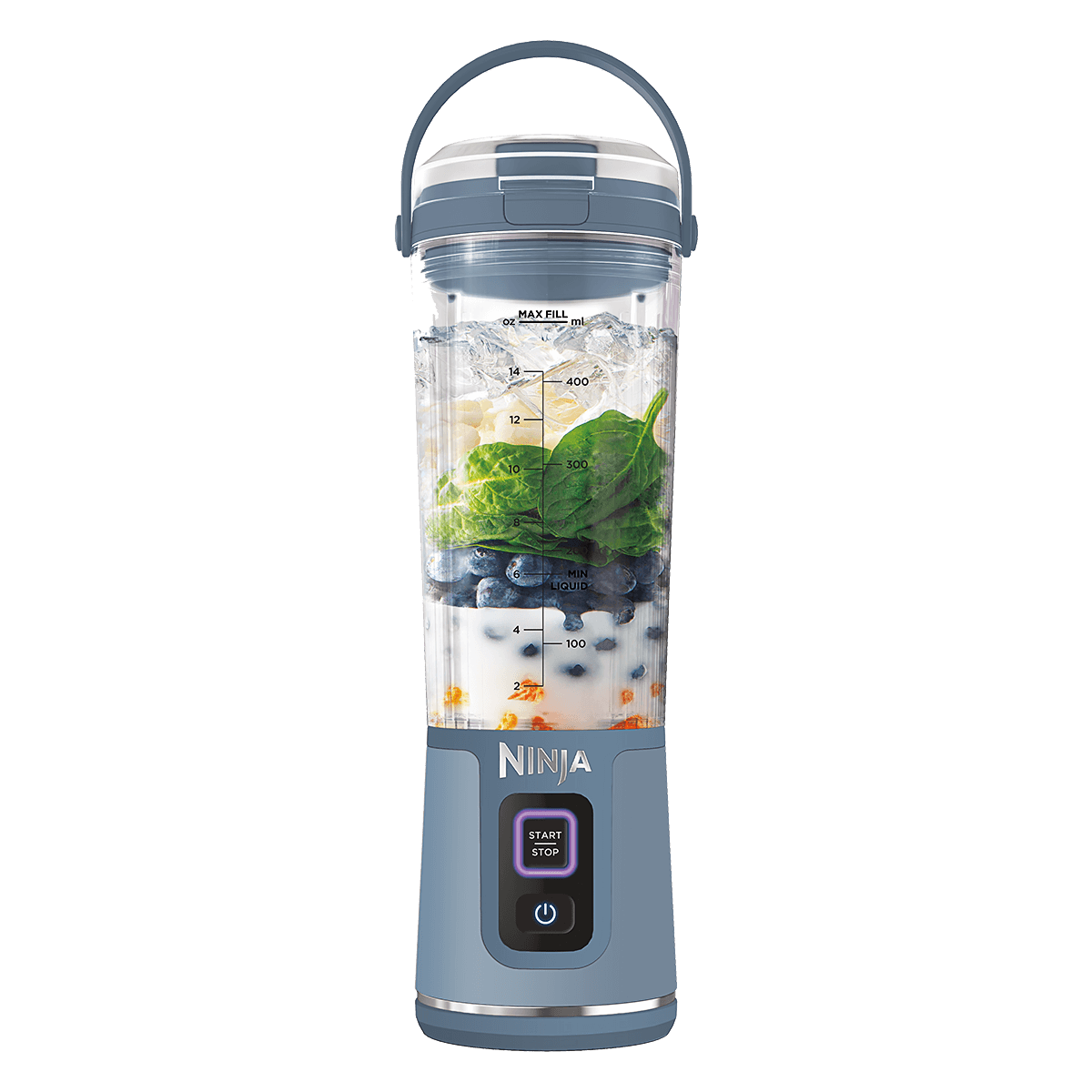 Blender portabil Ninja Blast BC151, capacitate 530ml, 10 utilizari per incarcare, acumulator 5V, maner de transport, capac special pentru lamele din otel inoxidabil BlastBlade, rec