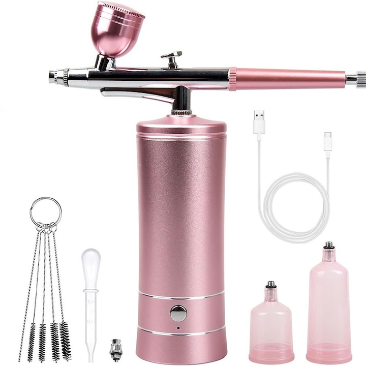 Aerograf BOMSTOM, duza 0.3mm, baterie reincarcabila, roz, utilizare hobby/profesional