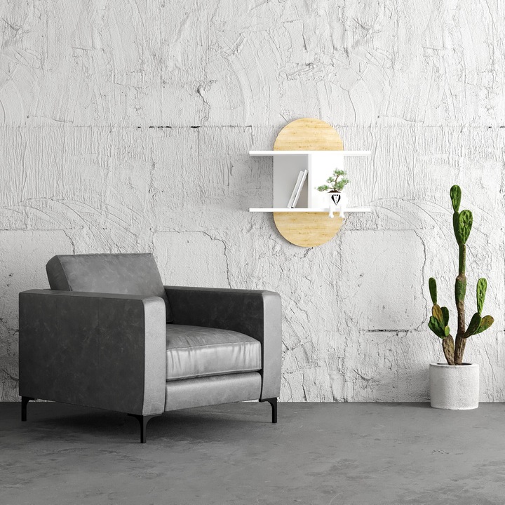 Kerek fali polc, Mobleto, fehér és tölgy, 66x73 cm, 2 polc, különleges minimalista design