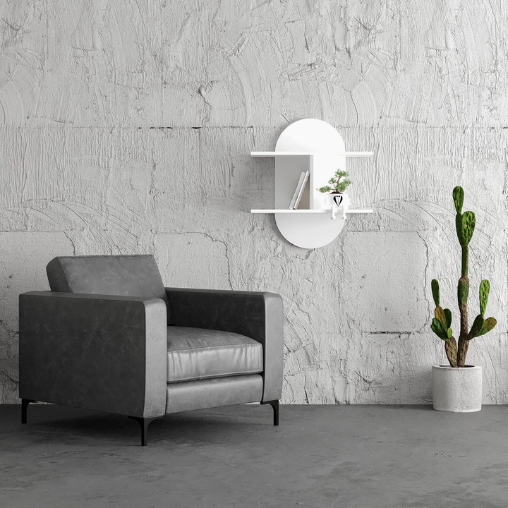 Kerek fali polc, Mobleto, fehér, 66x73 cm, 2 polc, különleges minimalista design