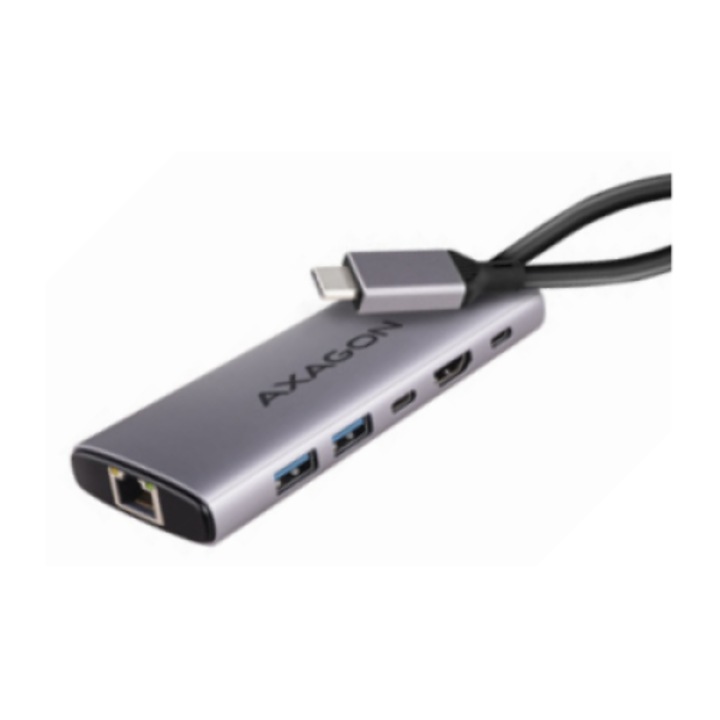 USB хъб, AXAGON HMC-6G2L 2x USB-A 10Gbps, 1x USB-C 10Gbps, 4K/60Hz HDMI, RJ-45, USB 3.2 Gen 2 hub, PD 100W, 15cm USB-C cable