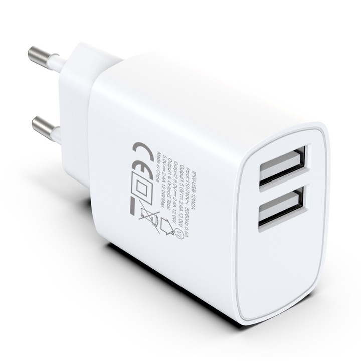Incarcator retea 2x USB-A, 12W, 2.4A, fast charging simultan, Alb, Techhly, IPW-USB-12W2A