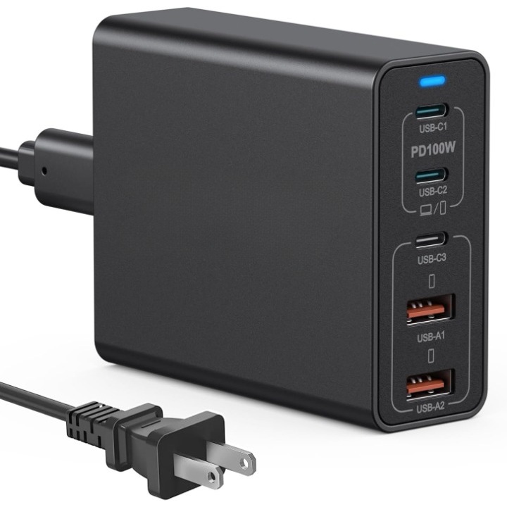 Incarcator retea 200 W, USBC GaN, statie cu 5 porturi - 3 USB-C si 2 USB-A, incarcare rapida, compatibil cu MacBook Pro, Laptop, iPhone, iPad, Samsung, furca priza americana, Negru