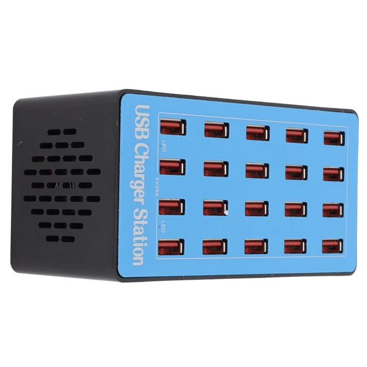 Statie de incarcare fast 100W, smart, ventilator cu 20 porturi USB 5V 20A