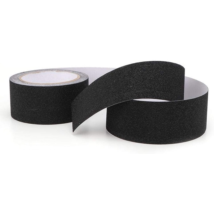 Banda Adeziva Antiderapanta, Negru, pentru Scari/Trepte Interior/Exterior, Multisuprafete, Rezistenta la Apa, Lungime 5 m, Latime 5 cm, CBD CORAL BEST DEALS
