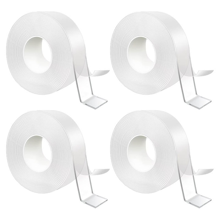Комплект от 4 х прозрачна двойнозалепваща лента NEXTLY, 5 метра/брой, силно залепваща, водоустойчива, гъвкава, силиконова, приложима върху различни повърхности