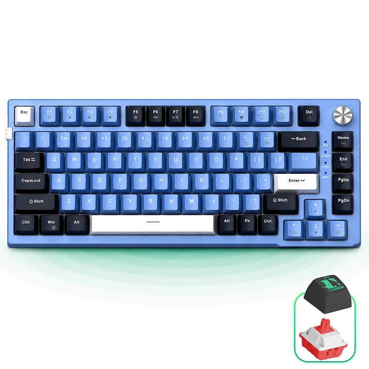 Механична геймърска клавиатура Timebox 75% TKL, RGB подсветка, 83 клавиша, Hot-Swap, Anti-Ghosting, въртящ се бутон за звука, отделящ се Type-C кабел, допълнителни клавиши и екстрактор, Windows Mac Linux, син