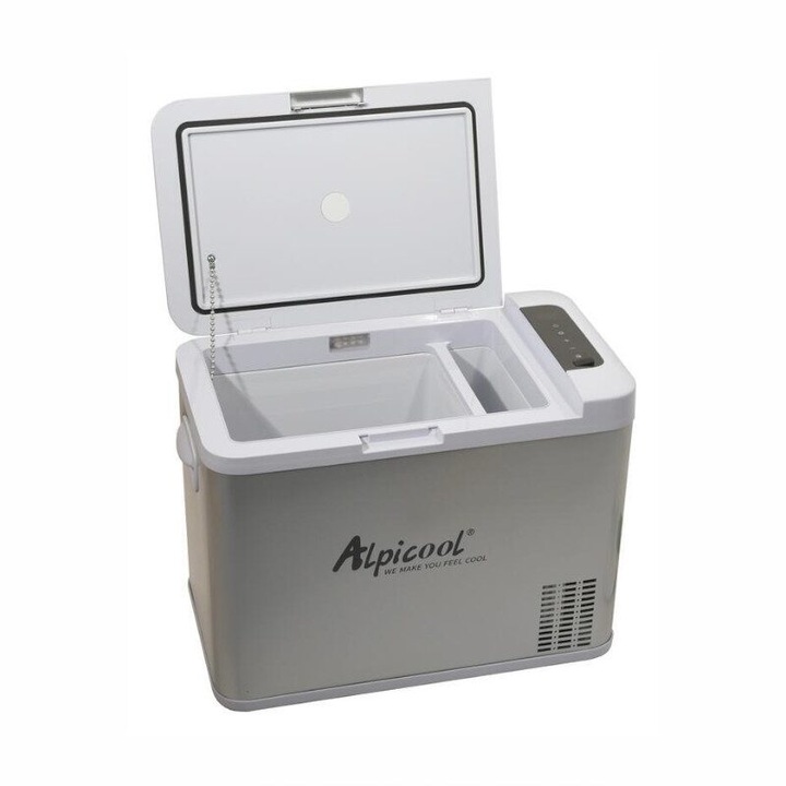 Frigider auto cu compresor 35L, 12V-24V-230V, 45W, -20°C, conectare bluetooth, cu aplicatie pe telefon, USB, Silver Frost, 07082 Alpicool