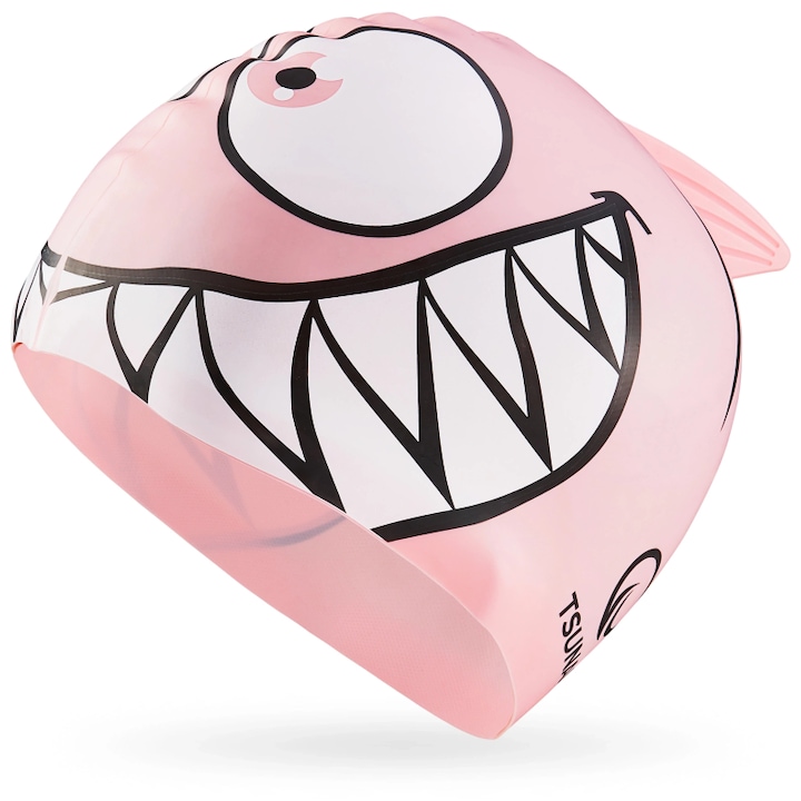 Casca de inot pentru copii din silicon, Tsunami, imprimeu rechin, 3-7 ani, Impermeabila, Suprafata interioara antiderapanta, Uscare rapida, 21 x 18 cm, Roz