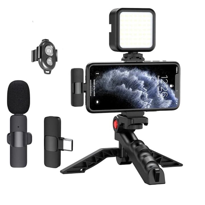 Kit Vlogging Profesional cu telecomanda, trepied pliabil, lampa LED si Microfon Lavaliera Wireless, pentru Android Type C
