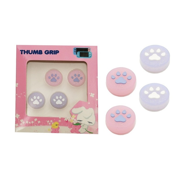 Set 4 accesorii gamepad, Silicon, Pentru Nintendo Switch, Multicolor, Laba pisicii