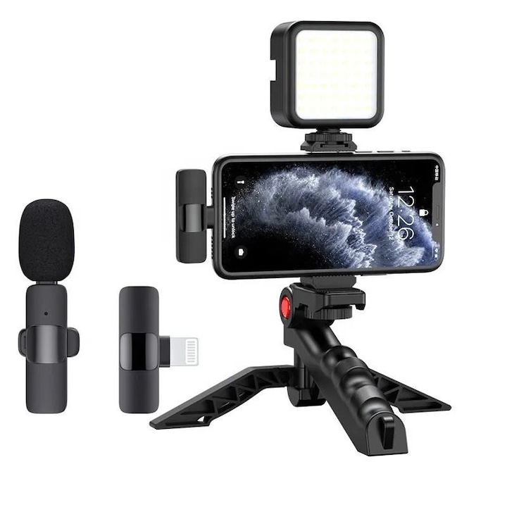 Kit Vlogging Profesional cu telecomanda, trepied pliabil, lampa LED si Microfon Lavaliera Wireless, pentru Iphone