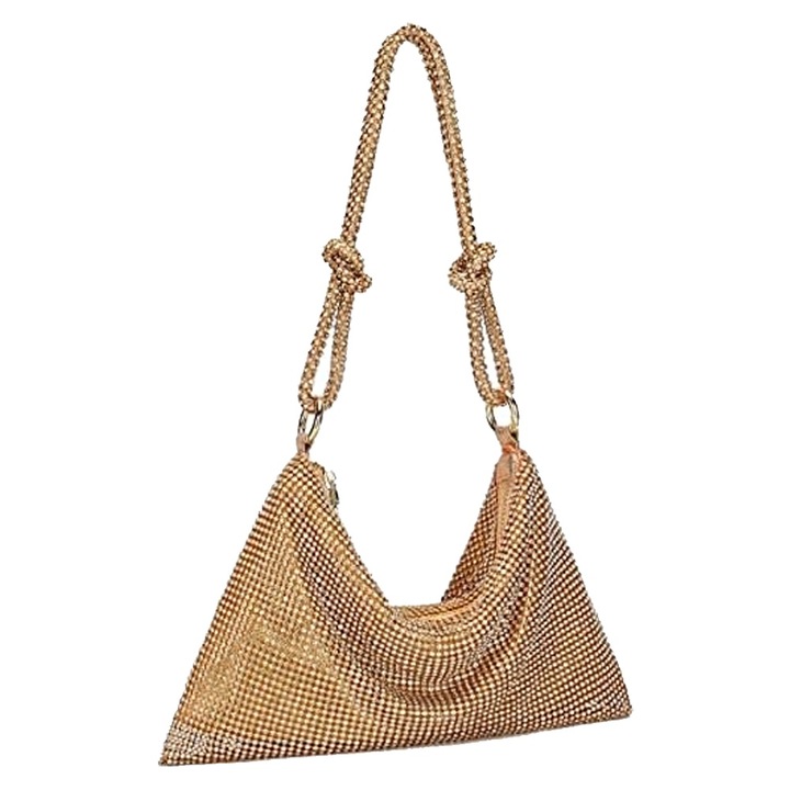 Strasszos estélyi táska, Jormftte, arany, elegáns dizájn, fém cipzárral