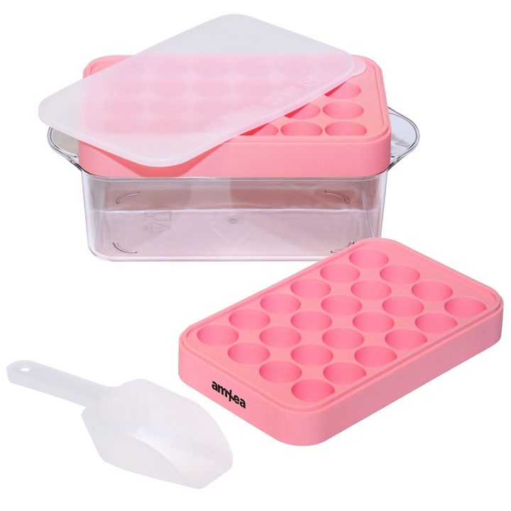 Forma gheata amXea TRAY 48 Roz, 2 tavite cu capac, o tava depozitare si o lopata, 48 cuburi tip rotund