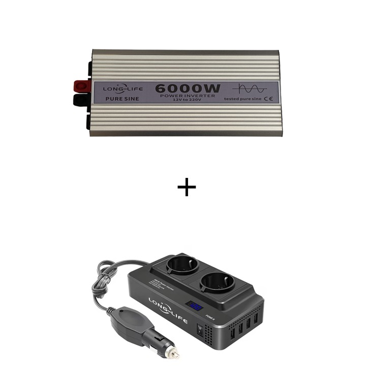 Set Invertor 6000 W, sinus pur, 12 V - 220 V, auto si sisteme panouri solare, rulota, 200W/400W adaptor priza bricheta 12V, 2 prize europene