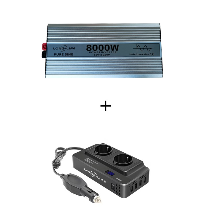 Set Invertor 8000 W, sinus pur, 12 V - 220 V, auto si sisteme panouri solare, rulota, 200W/400W adaptor priza bricheta 12V, 2 prize europene