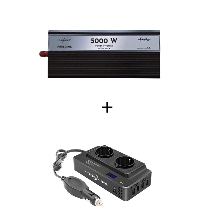 Set Invertor 5000 W, sinus pur, 12 V - 220 V, auto si sisteme panouri solare, rulota, 200W/400W adaptor priza bricheta 12V, 2 prize europene