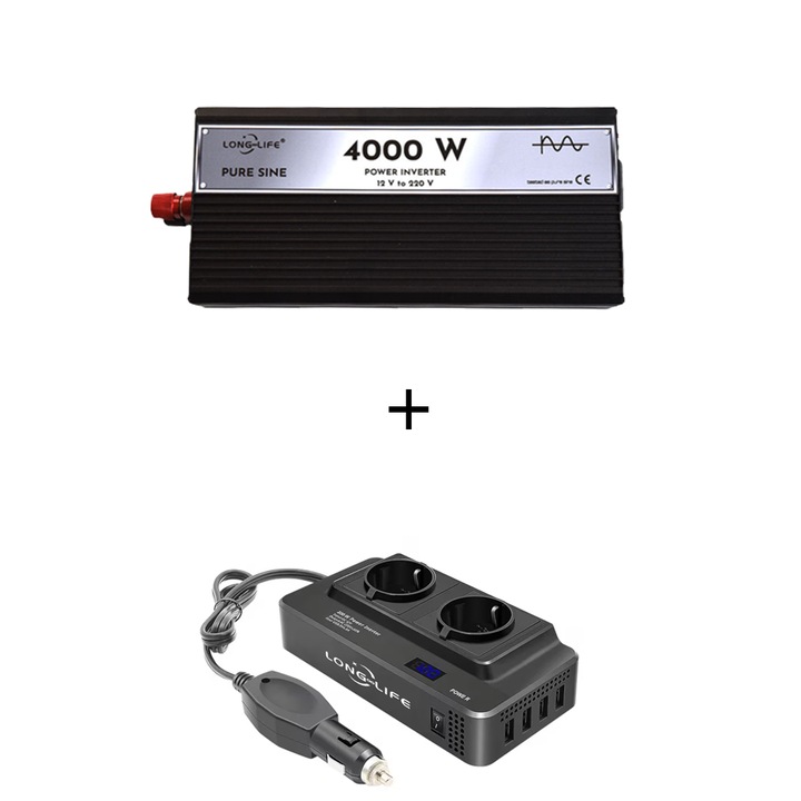 Set Invertor 4000 W, sinus pur, 12 V - 220 V, auto si sisteme panouri solare, rulota, 200W/400W adaptor priza bricheta 12V, 2 prize europene