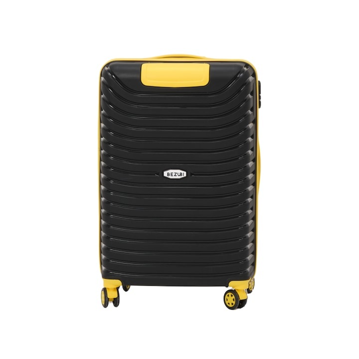 Куфар, Среден, Bezubi Easy Travel, ръчен багаж, 71x44x32, обем 88 литра, телескопична дръжка, 4 безшумни двойни колела, въртене на 360 градуса, затваряне с цип и цифри, разделяне с джоб, специален гъвкав нечуплив PP материал, черно-жълто