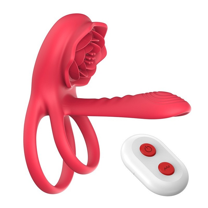 Inel Vibrator CVBFUS cu Stimulator Clitoridian in Forma de Trandafir, 7 Vibratii, Silicon, 18cm