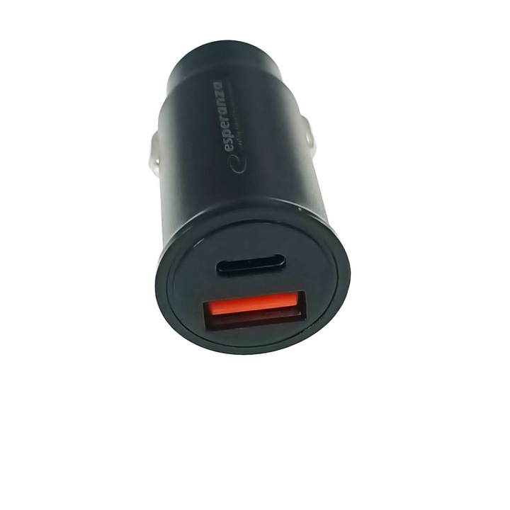 Autós gyorstöltő 20W, USB-C és USB-A porttal, Esperanza, PD, QC 3.0, bemenet 12-24V, fekete