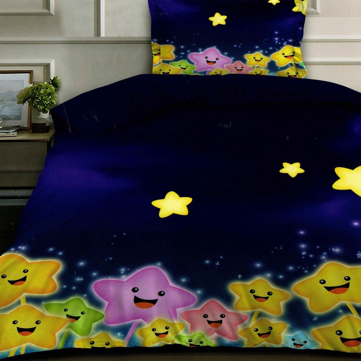 Ágynemű 1 személyes Finet 3D pamut 3 db 160 x 230 cm, Színes csillagok, Kék, Pucioasa F1P69
