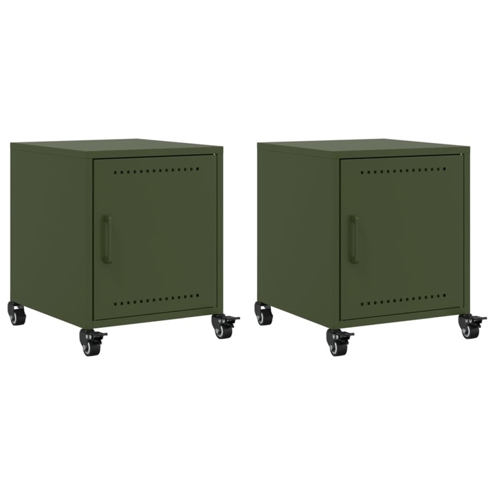 Set noptiere vidaXL, 2 buc., verde olive, 36x39x43,5 cm, otel, 13.08 kg 846623