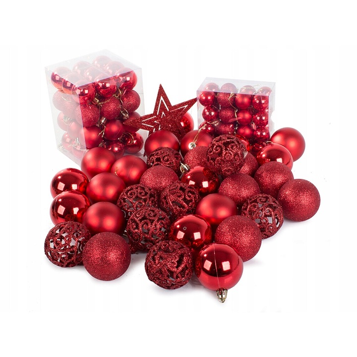 Set 100 Globuri de Craciun, Verk Group, Diverse Dimensiuni, Plastic, Rosu, Inclusiv Stea Betleem