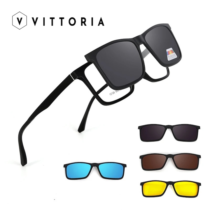 Set Ochelari magnetici Vittoria multifunctionali, Rama TR90 negre cu 4 clip on, lentila pentru condus noaptea, polarizata, lentile cu protectie UV400
