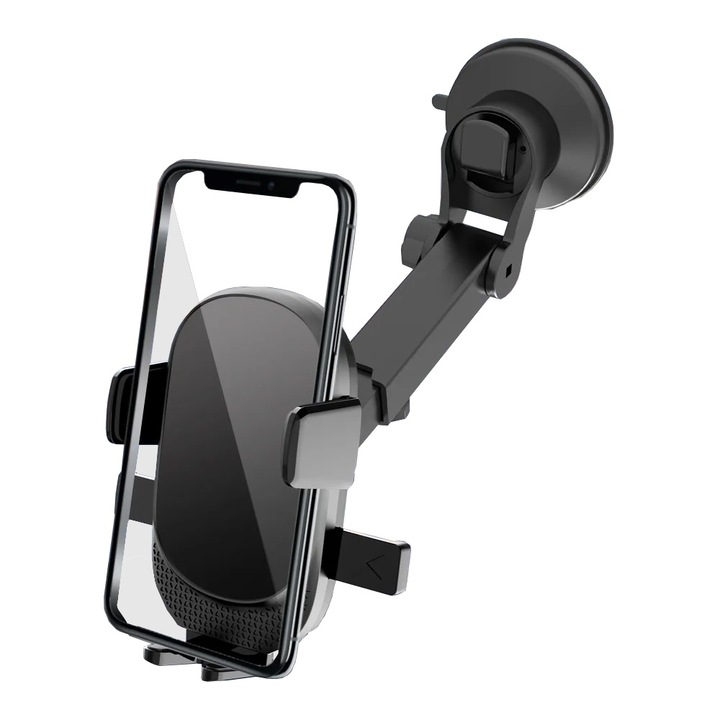 Suport auto pentru telefon ST664, brat extensibil, cleme reglabile si ventuza, fixare pe parbriz sau bord, negru